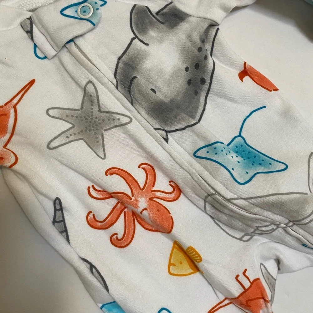 Carter's 2 Way Zip Preemie Sleep & Play White Ocean Print & Navy Stripe